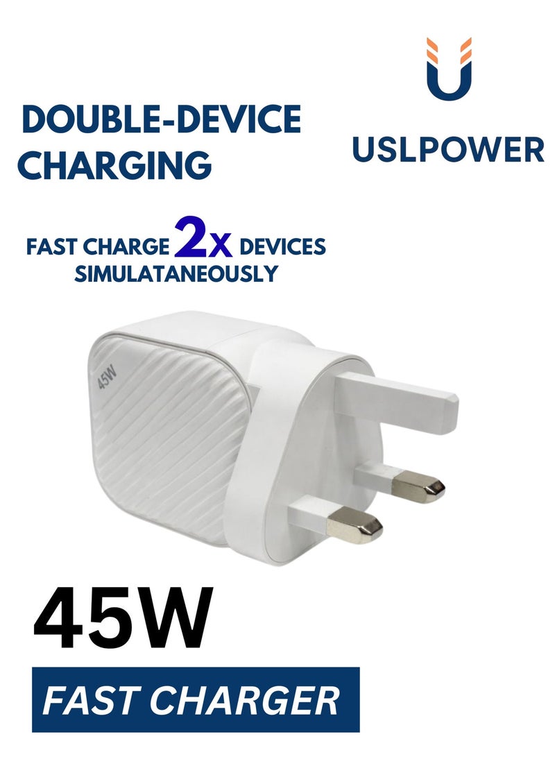 USLPOWER 45W USB-C Power Adapter GaN Fast Charger, Dual USB-C PD Wall Charger, Super Fast Charging, UK Plug, for Smartphone Tablet Laptop Travel Use - Image 3